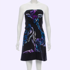PROENZA SCHOULER Black and Violet Patterned Strapless Silk Dress